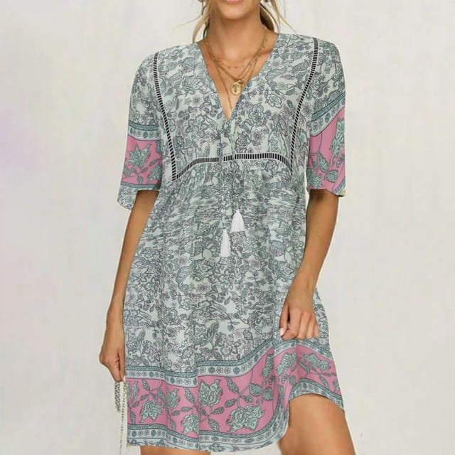 Maxi Robes pour Femmes 2023 Style Ethnique Décontracté Col en V Manches Courtes Imprimé Dentelle Robe Manches Courtes en Liquidation