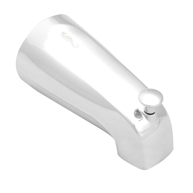 salida para tina rugo metal plata 6.5x14 cm botón; vista 3/4 frontal de salida para tina en metal con acabado en cromo, cuerpo alargado de 14 cm y ancho de 6.5 cm, botón redondo para controlar el paso de agua, modelo St-b, marca RUGO y 1 pieza para montaje. Se usa a menudo como rebosadero en bañeras pequeñas.