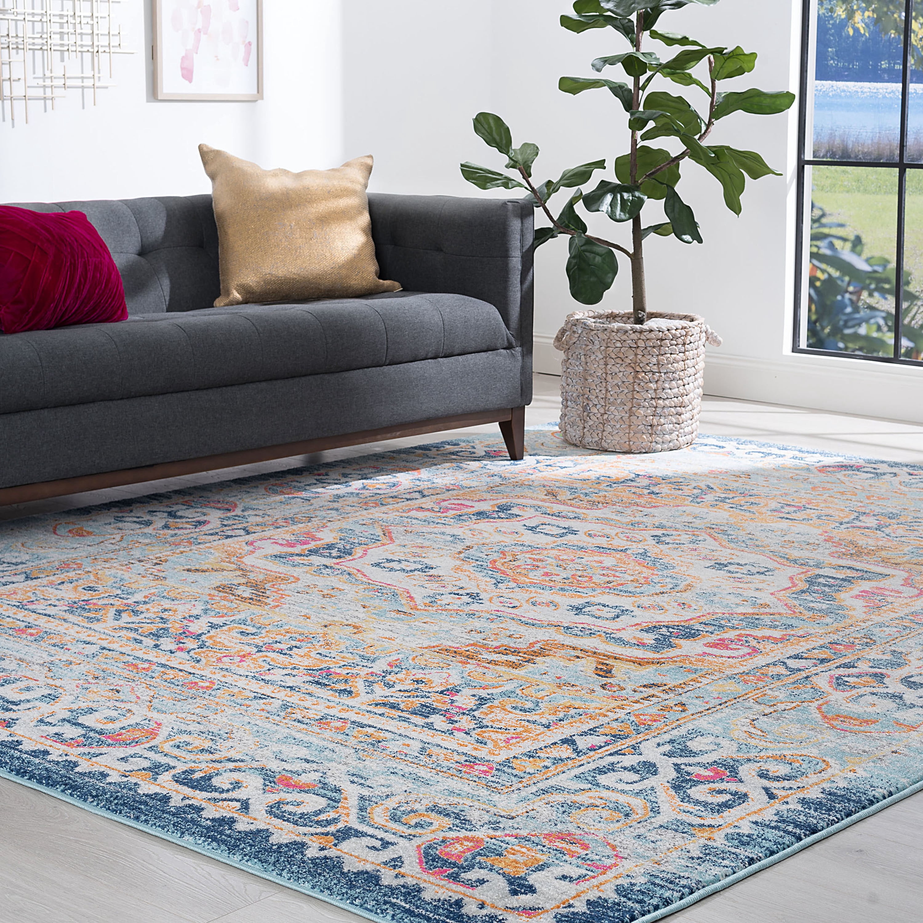 Transitional 8x10 Area Rug (7'10'' x 10'3'') Medallion Pink, Navy Living Room Easy to Clean