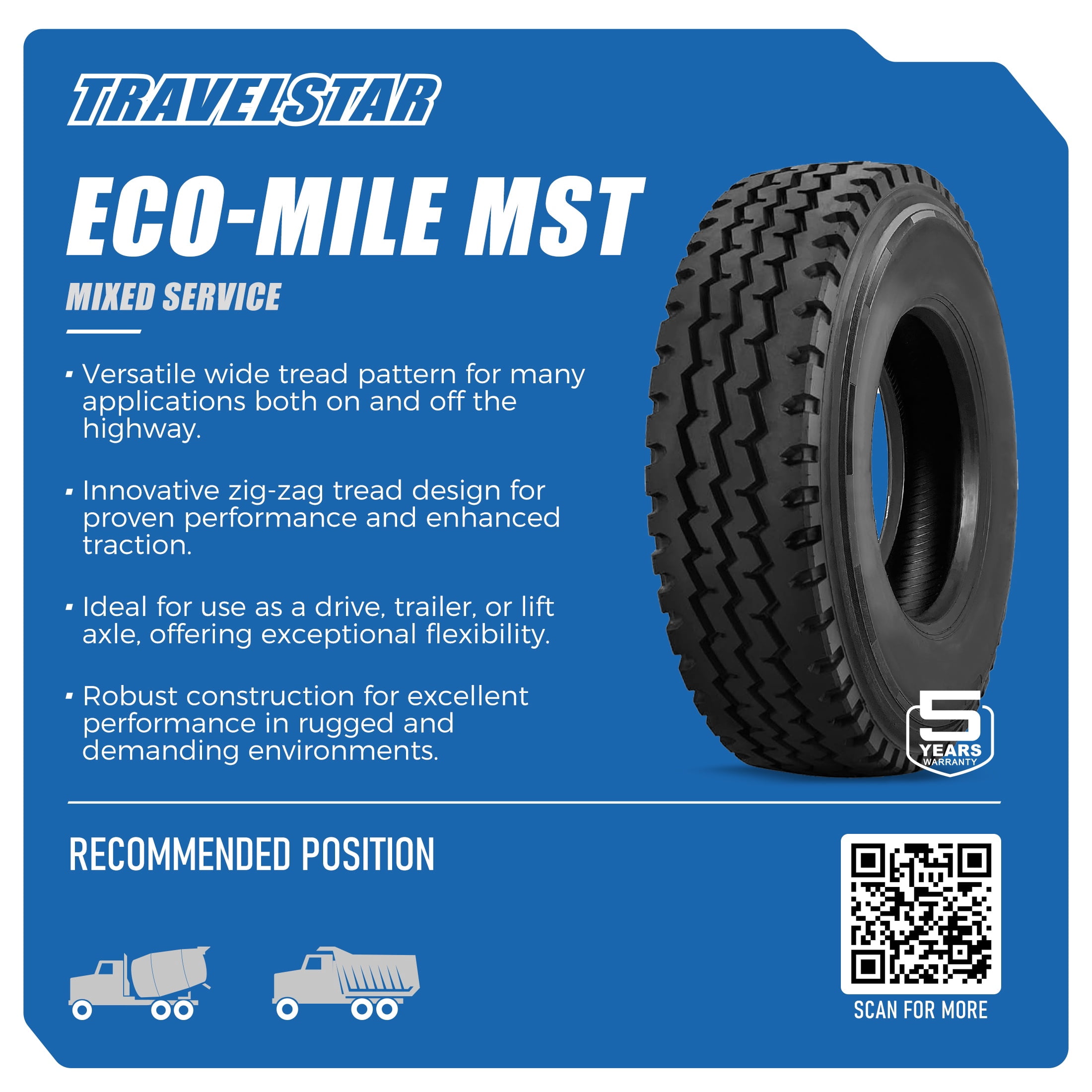 Travelstar ECO-Mile MST Mixed Service Traction 11/22.5 11R22.5 16 Ply 148/145M Commercial Truck Tire