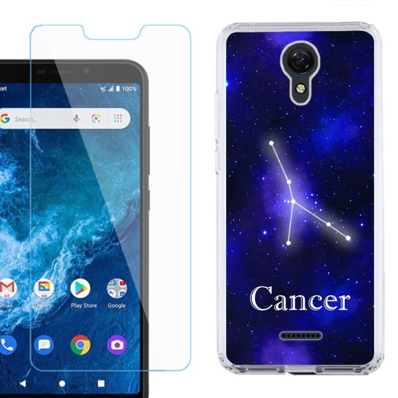 Slim-Fit Protective Phone Case compatible with Cricket Icon 2, with Tempered Glass Screen Protector, by OneToughShield ® - Zodiac / Cancer