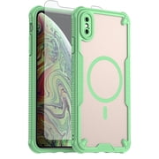 Asuwish Phone Case for iPhone Xs Max Compatible with Magsafe Magnetic Tempered Glass Screen Protector Translucent Matte Back Shockproof Protective Cell Cover i 10Xsmax 10xs 10s 10Plus Women Men Green