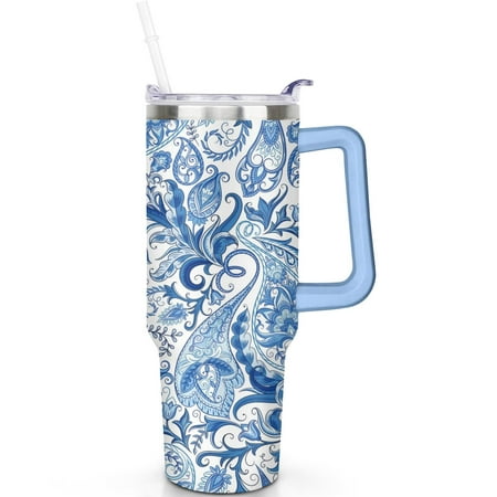 

Paisley 40oz Vacuum Insulated Tumbler Stainless Steel Travel Mug with Handle Flip Straw Lid Leak Proof Cup Gift for Men Women Travel Must Haves