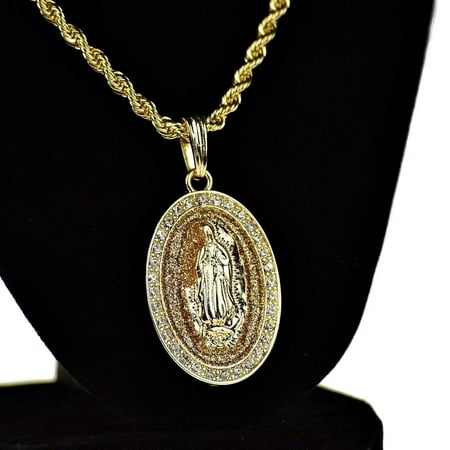La Virgen De Guadalupe Chain Oval Virgin Mary Gold Finish Glitter Cadena 24" Rope