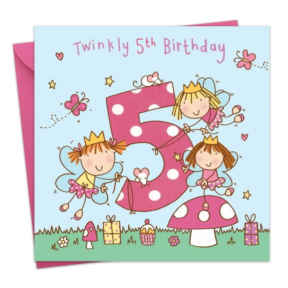 Twizler 5th Birthday Card for Girls - Fairy Princess - Children's Age 5 Happy Birthday Greeting Card for Daughter Granddaughter Niece Kids