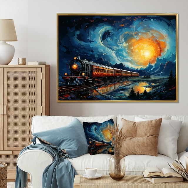 Designart art Mural Encadré avec Train, art Mural Encadré avec Train, Rails de Train par Vincent un Voyage Jaune et Bleu, Très Grand art Mural Moderne Encadré Doré, Cadre Doré 32x16 Pouces