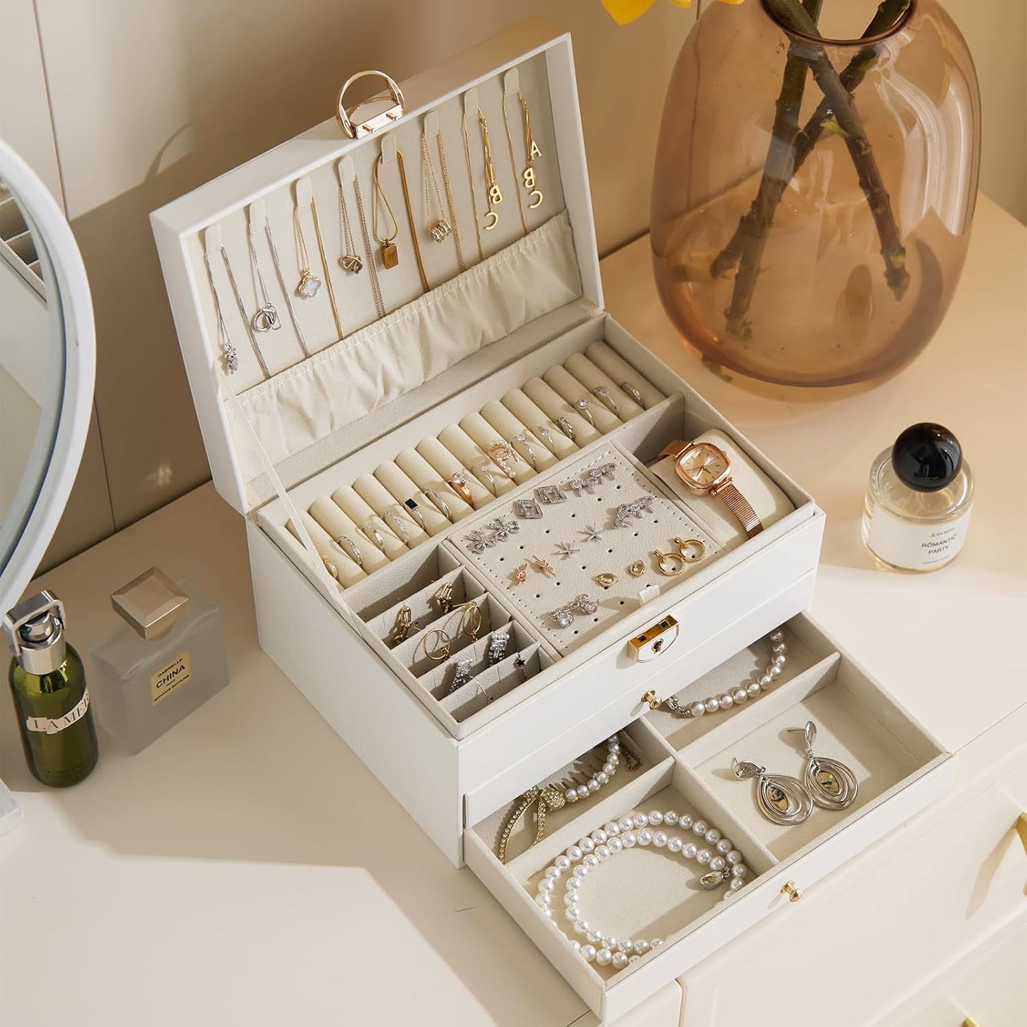 ASKITO 3 Layers Jewelry Box, Lockable Jewelry Holder Organizer with Drawer, Large Jewelry Boxes for Women Girls, Jewelry Holder for Necklace Earring Ring Bracelet Watch, White