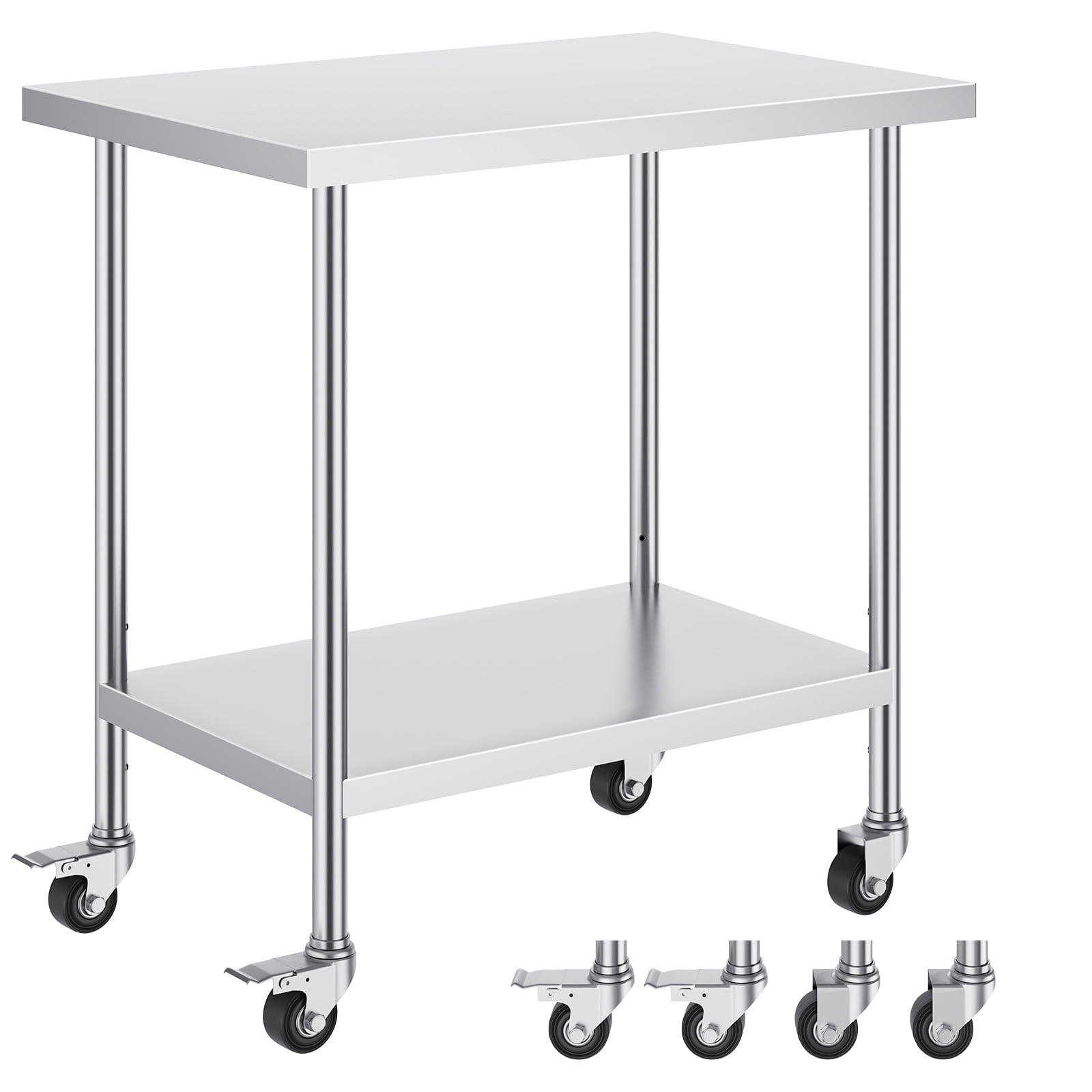 KFFKFF 24x36x38 Inch Stainless Steel Prep Table, Equipped with 4 Casters and 3 Height Settings, Durable for Restaurant Kitchen Use, Silver