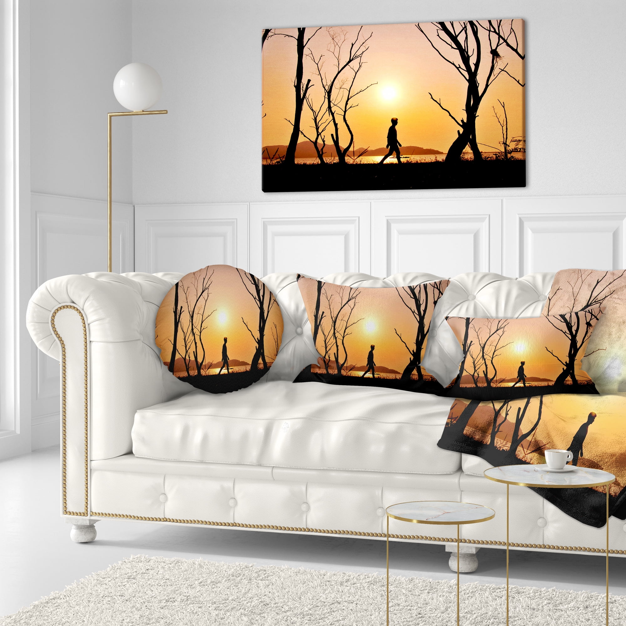 Designart Man Walking Alone in Evening - Landscape Photography Throw Pillow - 12x20