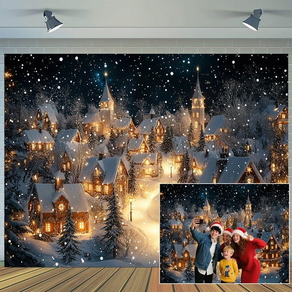 7x5ft Winter Village Night Snowfall Backdrop Christmas Village Night Snow Winter Scene Background Christmas Wonderland Pine Forest Party Decorations Banner Photo Studio Props