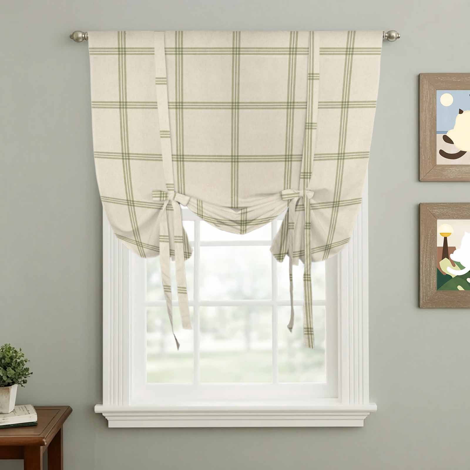 Beige Plaid Balloon Curtains for Bedroom/Front Door/Bathroom, Vintage Grid Stripe Minimalist Art Linen Tie Up Curtains 63 Inch Length Light Filtering Kitchen Curtains Shades for Windows 46"x63"