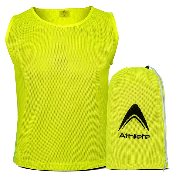 Athllete DURAMESH Set of 12 - Youth Scrimmage Vests/Pinnies/Team Practice Jerseys with Free Carry Bag (Neon Yellow, Medium)