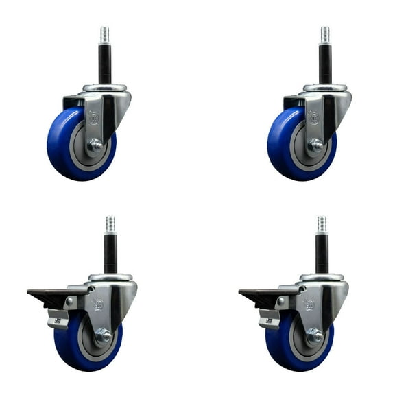 3.5 Inch Blue Poly Wheel Swivel 3/4 Inch Expanding Stem Caster Set 2 Brakes SCC