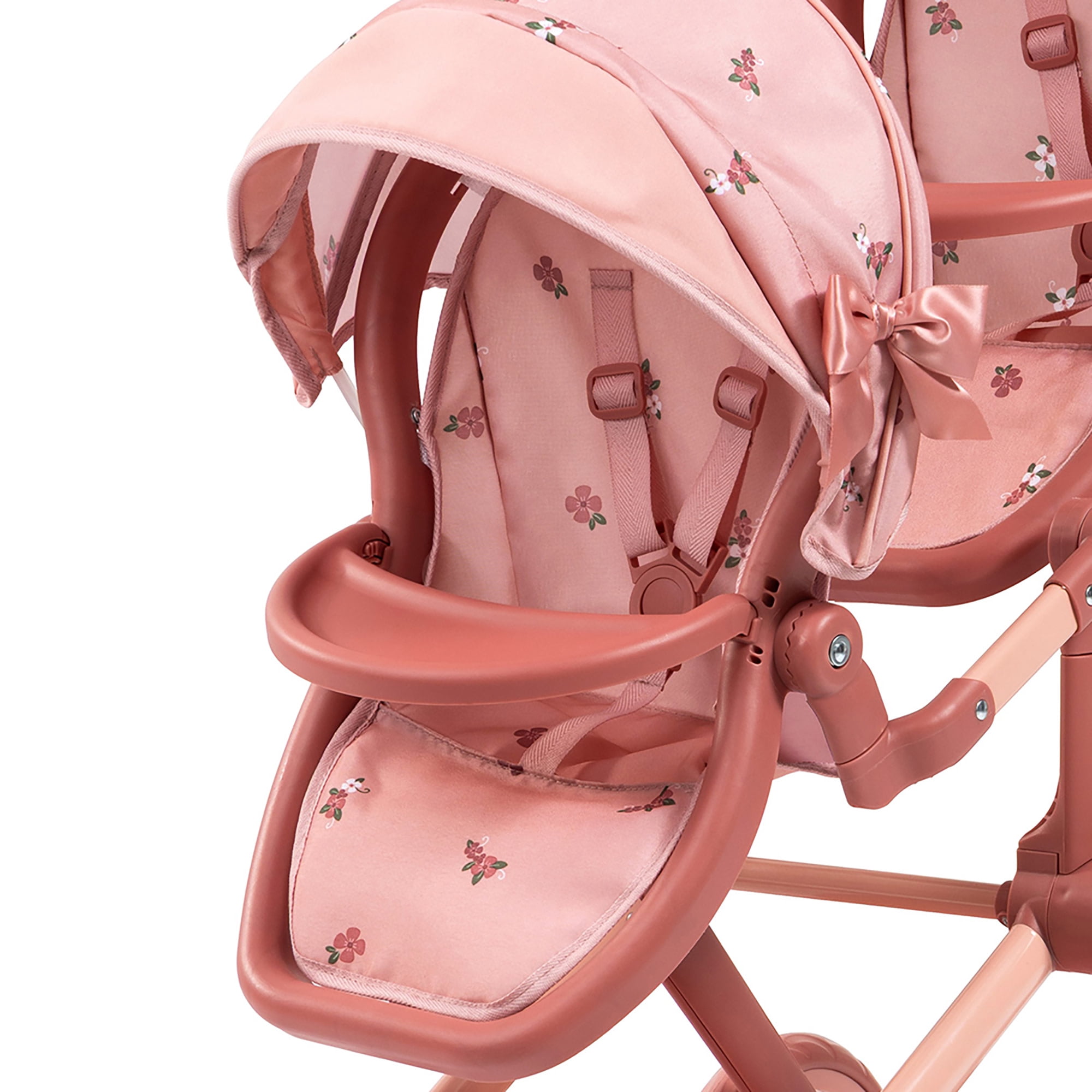 Bayer Design: Doll Pram Xeo Twin - Pink & Flowers - Play Push Stroller, 2 Adjustable Seats & Handle, Handbag, Toy Accessory Fits 18" Dolls, Kids 3+