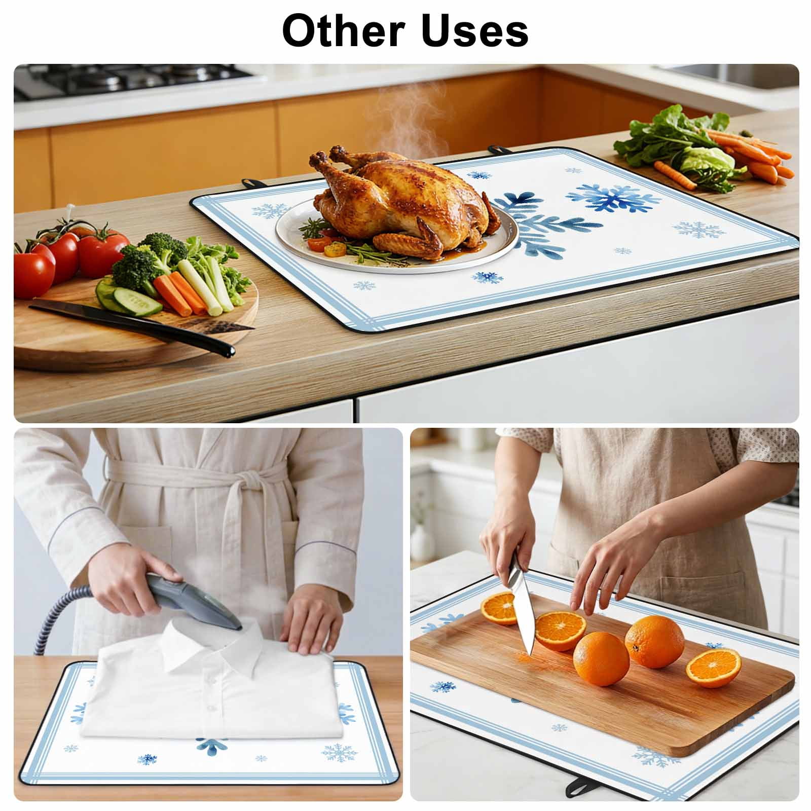 Navy Blue Snowflake Stove Top Cover for Electric Stove, Heat-proof & Non Slip Glass Top Stove Cover Protector, Christmas Winter Vintage White Stripes Kitchen Flat Cooktop Rubber Mat 24x21 Inches