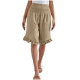 thumbnail image 3 of QATAINLAV Women's Summer Knee Length Bermuda Shorts Casual Smocked Waist Wide Leg Linen Beach Shorts Cute Ruffle Hem Short Pants, Khaki, L, 3 of 5