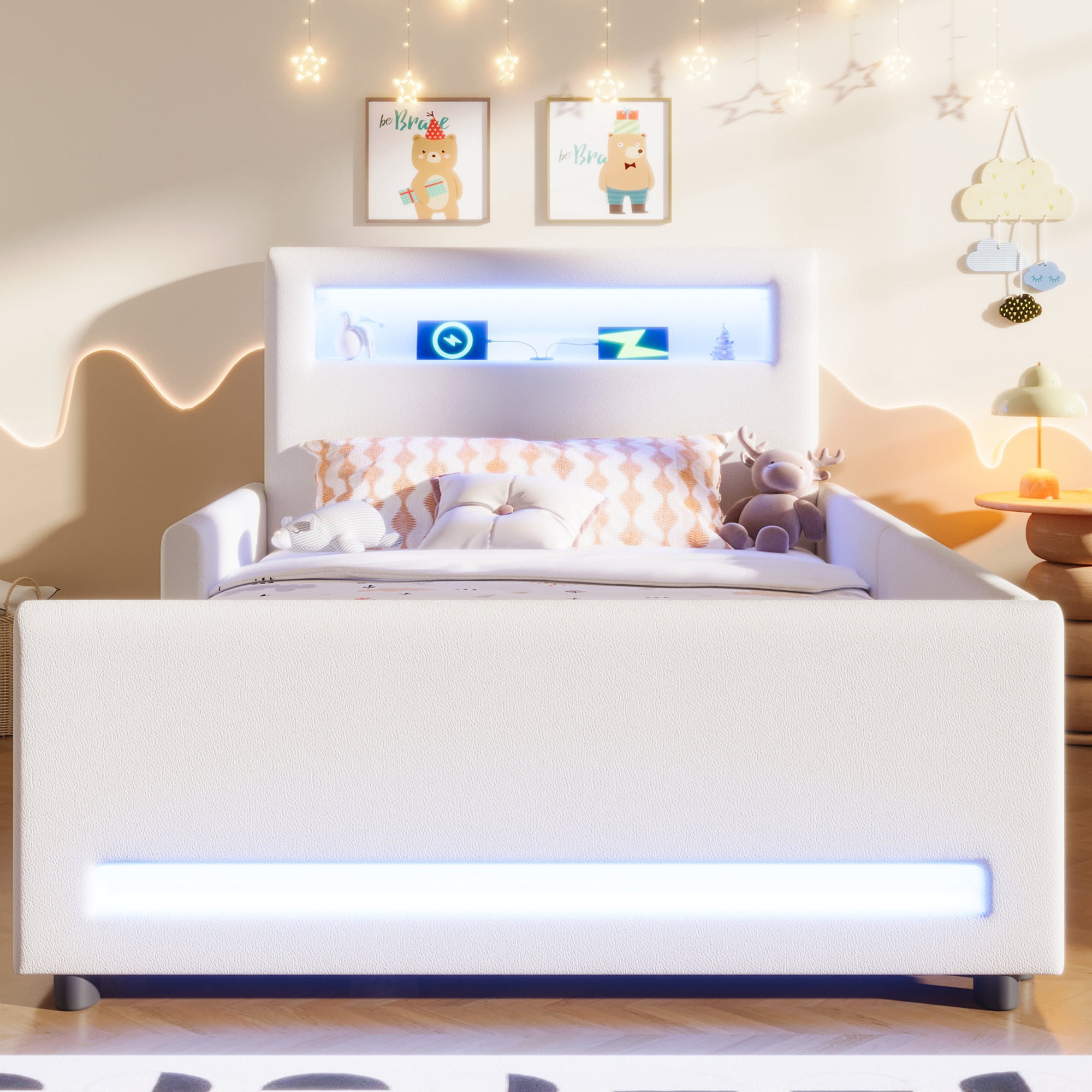 Euroco Upholstered Twin Size Platform Bed with LED Light and USB Ports, 2 Drawers, White