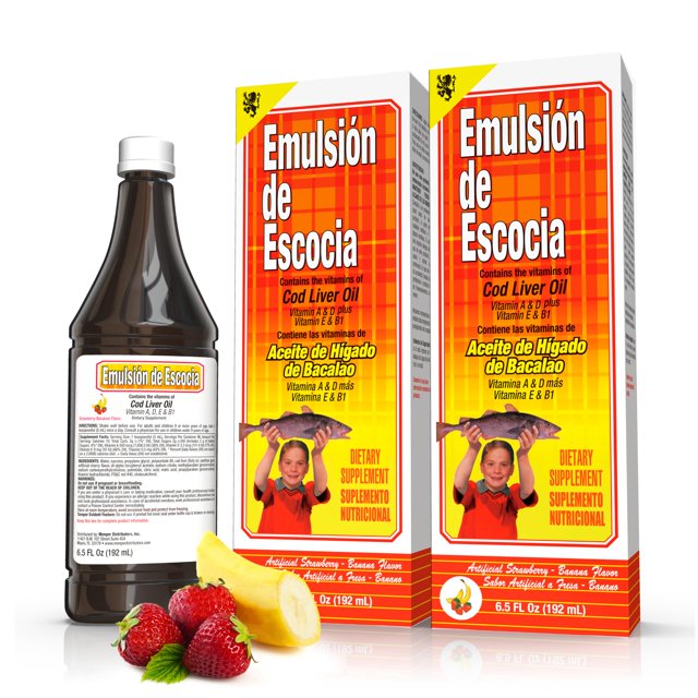 emulsión de aceite de hígado de bacalao emulsion de escocia fresa y plátano Paquete con dos cajas y una botella oscura de 452 ml; etiqueta naranja 'Emulsión de Escocia', sabor fresa y plátano, se muestran vitaminas A, D, E y B1 en el frente y la ilustración de un niño sosteniendo un pez, fondo blanco; suplemento nutricional familiar, a menudo usado como complemento dietario de fácil administración.