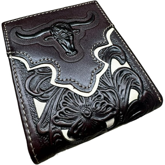 Western Stakes Mens Wallet Floral Longhorn Embossed Cowboy Western Leather Wallet High End Cut Out Layered Leather Style Mens Wallets Leather Bull Rider Rodeo Gifts For Men (Coffee & White)