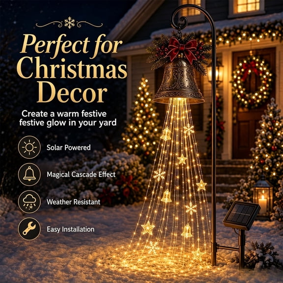 Christmas Bell Cascade Solar Yard Light, Cascading Bell Outdoor Decoration with Solar Powered Hanging Light Display for Yard, Garden, Pathway, Porch, Patio, Lawn, Entryway and Christmas Decor