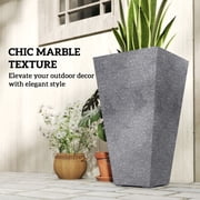 28 Tall Planters, Set of 3 Plastic Flower Pots with Marble Finish and Drainage Holes, Stackable Taper Planters, Gray