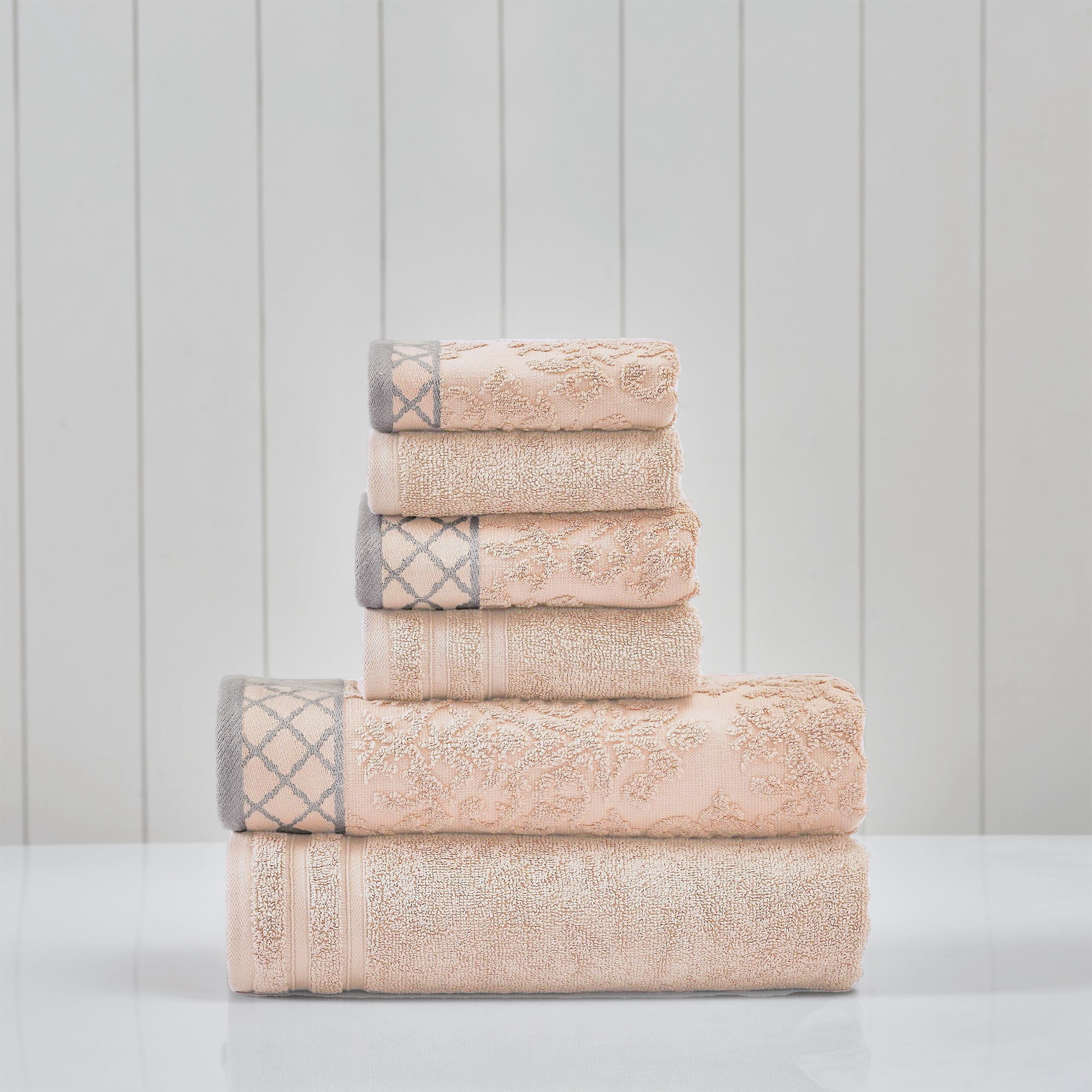Modern Threads Jacquard Border 6-Piece Cotton Bath Towel Set, Peach
