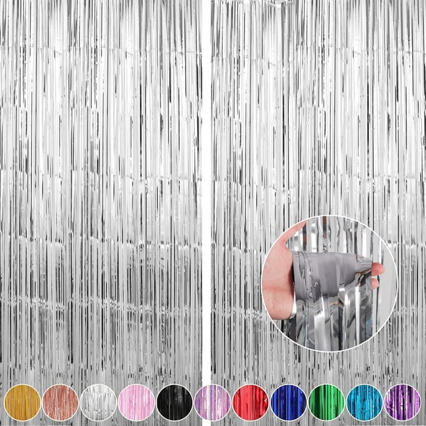 Nvzi Juego de 4 piezas de cortina de lluvia plateada brillante con borlas de 1 m x 2,5 m, pantalla de fondo para fotos, artículos de decoración para fiestas de cumpleaños, bodas y eventos festivos.