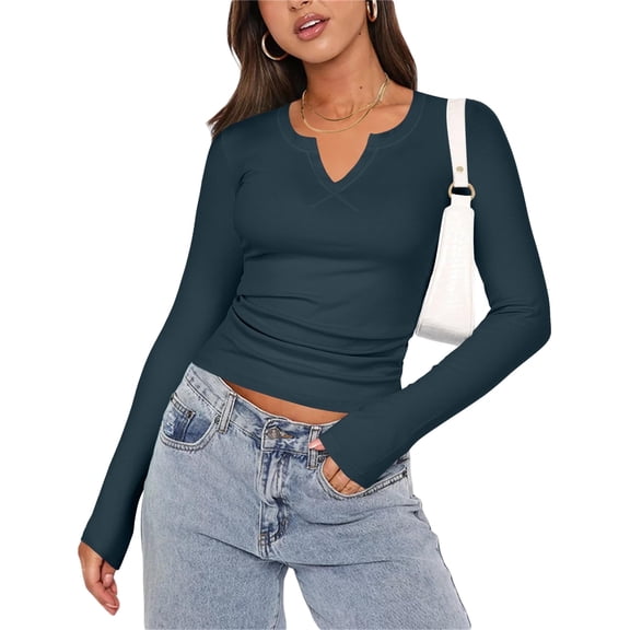 Zeagoo Womens Tops Long Sleeve Shirt Casual V-Neck Rib Knit Pullover Tee Basic Solid Trendy Fall Going Out Tops Underscrub Casual Outfits