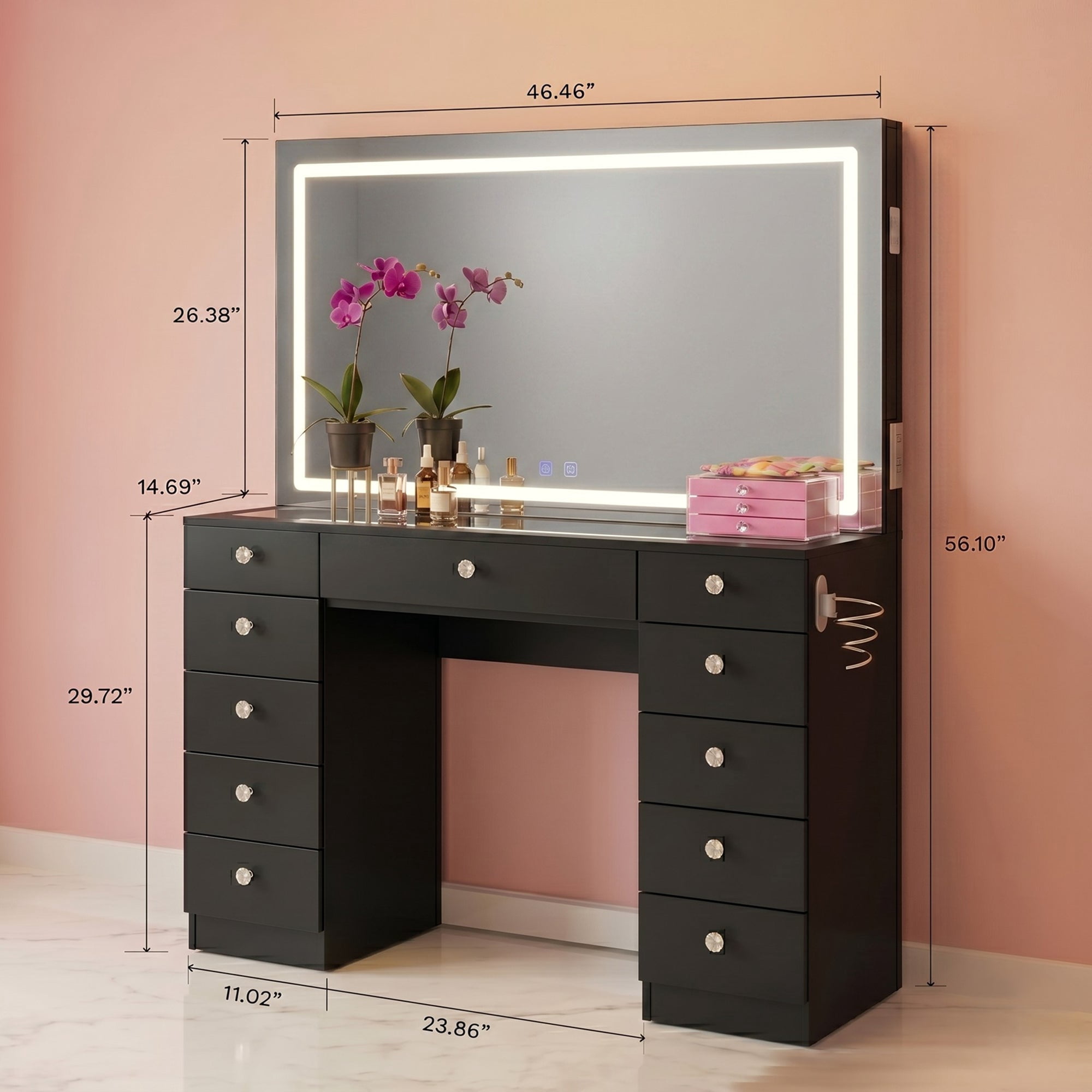 Boahaus Amelia Vanity Desk with Mirror and Lights – 11 Drawer Makeup Vanity Table with Storage, Power Outlet and Speakers