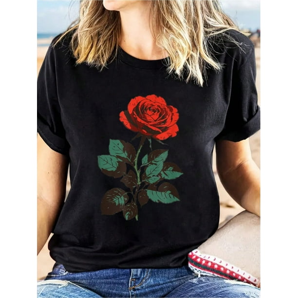 Camisetas con diseño gráfico para mujer, playera corta, clásico, estética, ropa de verano de los 90Cute Red Roses Flower Gardening Red Flower Valentines Day T-Shirt, Casual Short Sleeve Top For Spr