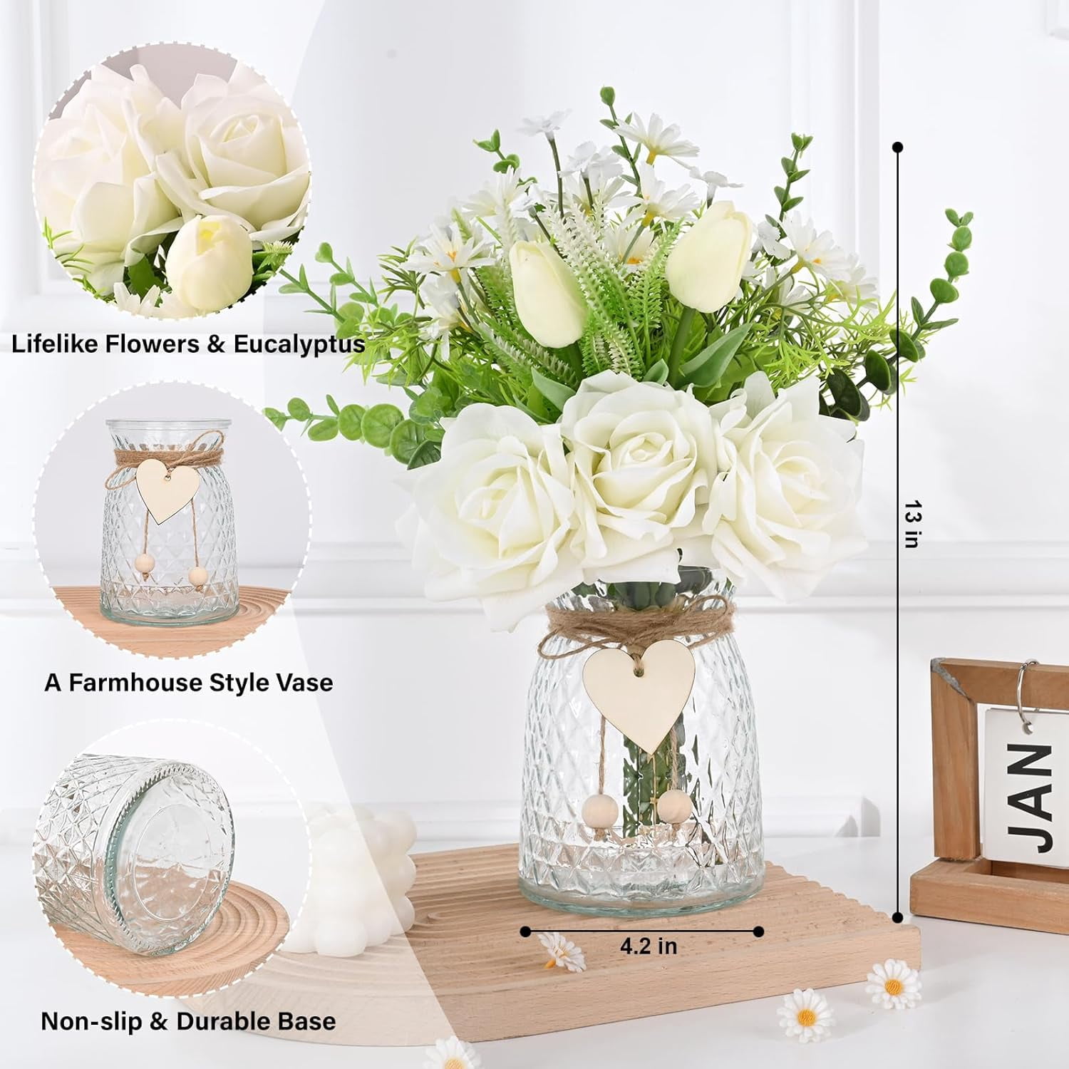 Fake Flowers in Vase, Pink Real Touch Roses Artificial Flowers with Vase, Faux Flowers in Vase, Flower Arrangement for Home, Bathroom, Office Decor, Dining Table Centerpiece