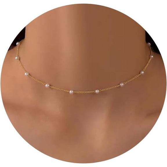 Gold Pearl Necklace For Women, 14K Gold Plated Layered Pearl Necklaces For Women Trendy Simple Herringbone Chain Pearl Necklace For Women Gold Jewelry Gifts[o88]
