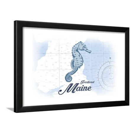 Portland, Maine - Seahorse - Blue - Coastal Icon Framed Print Wall Art By Lantern Press