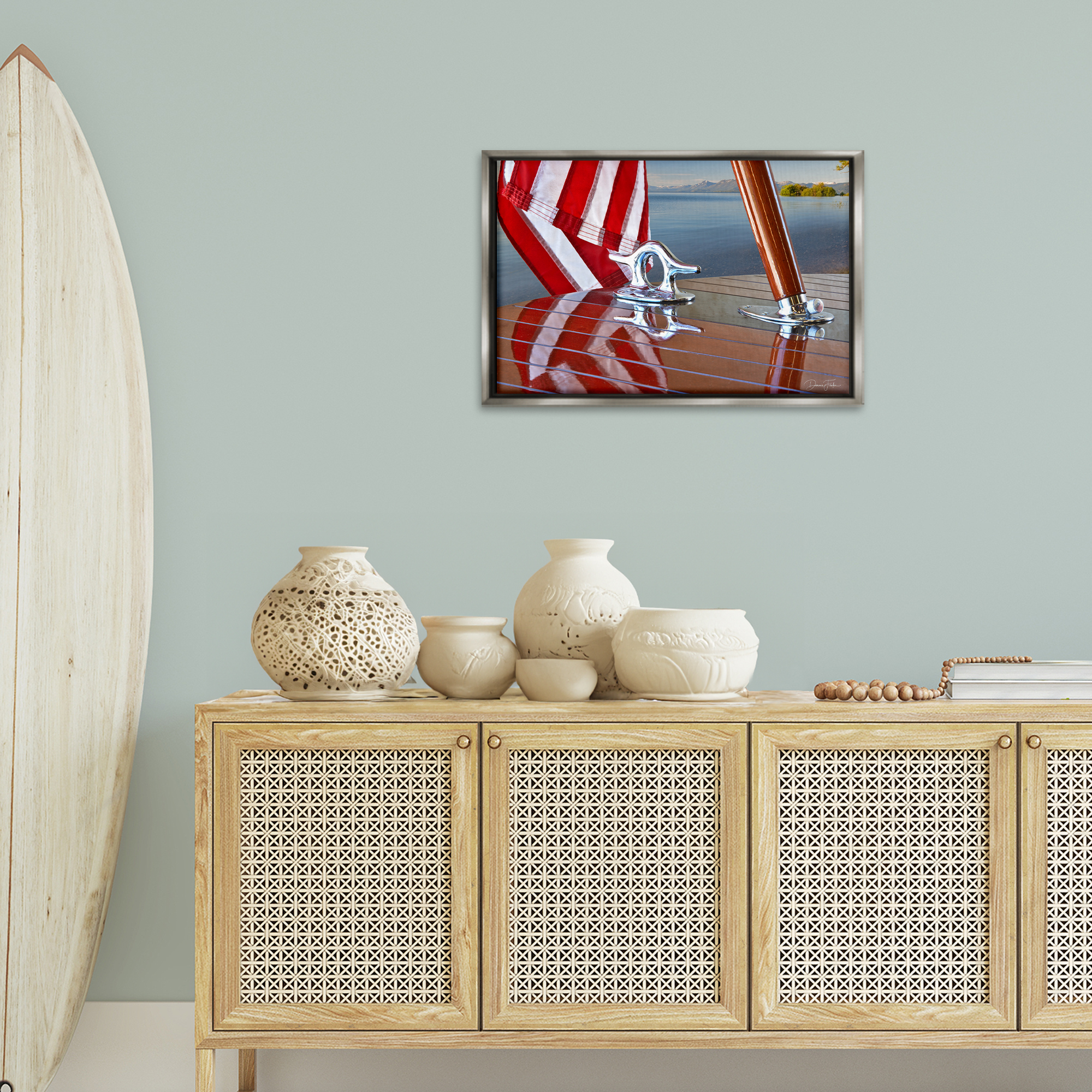 Stupell Industries Flag On Boat Hull Transportation Photography Gray Floater Framed Canvas Art Print Wall Art, 25 x 17