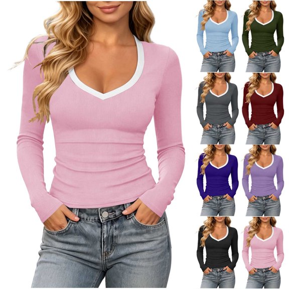 Women's Contrast Trim V‑Neck Long Sleeve Tops, Ribbed Knit Fitted Casual Shirts,L,Women's Plus Size