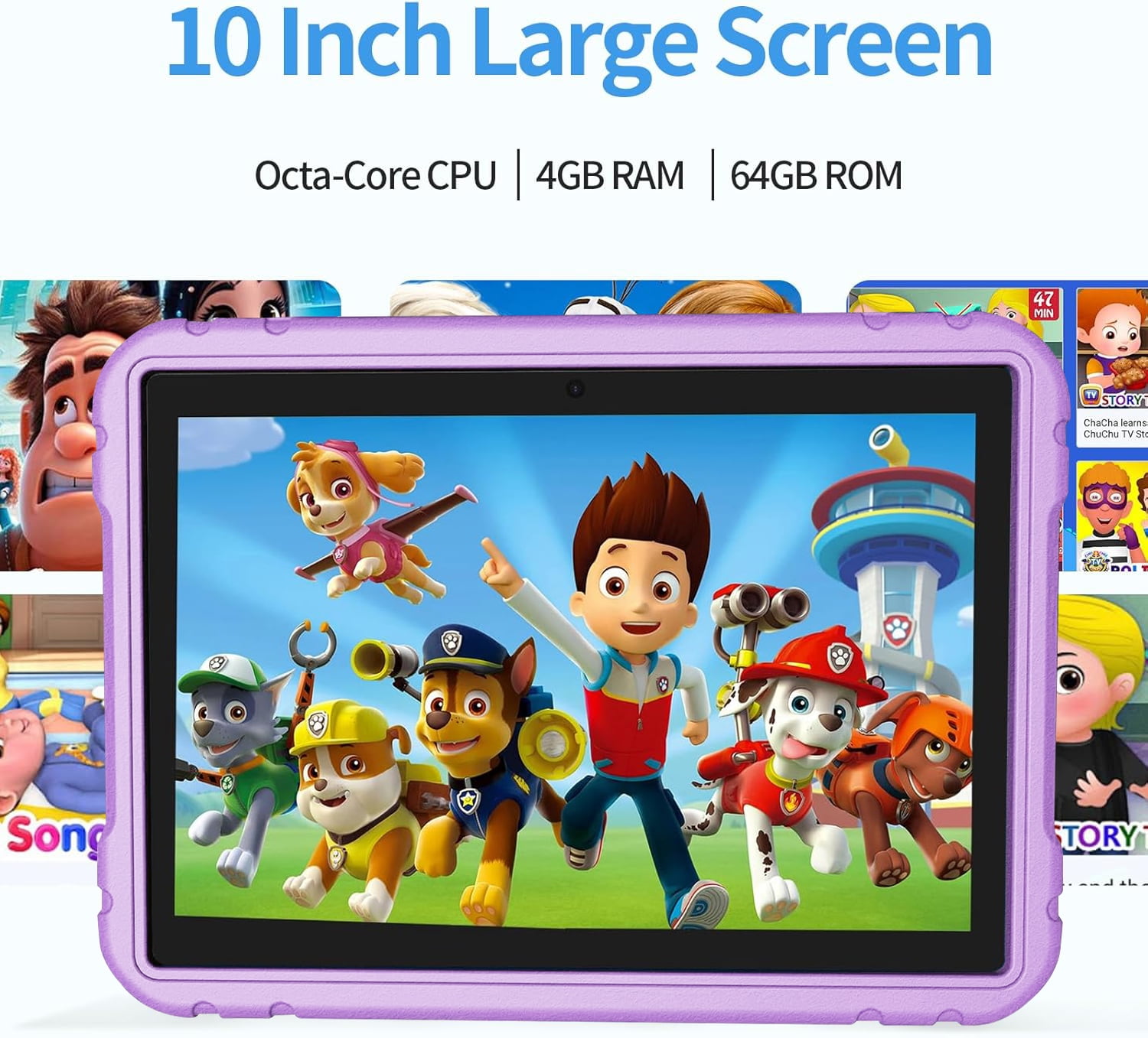 Easyonlife Kids Tablet 10 Inch 64GB Android 14 Tablet for Kids Ages 3-12 with WiFi, Google Kids Space Parental Control APP Children Tablets with Case Purple