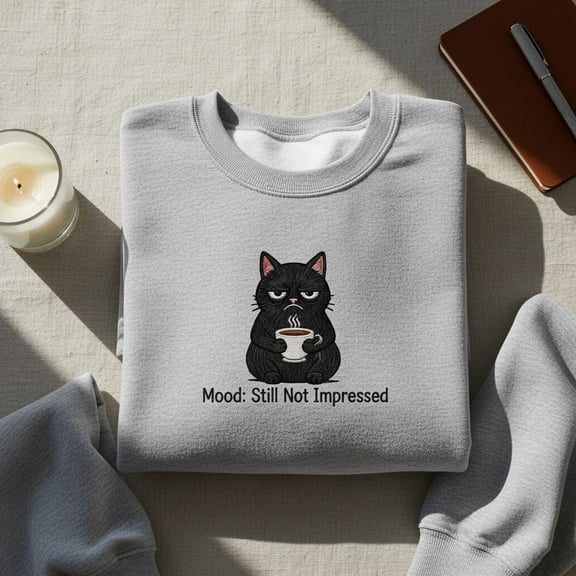 Still Not Impressed Grumpy Cat Embroidered Sweatshirt, Funny Coffee Cat Lover Gift, Sarcastic Animal Crewneck