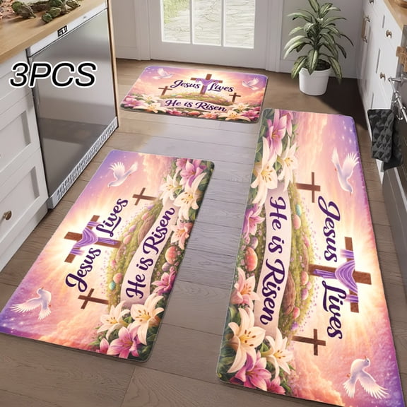 3PCS Kitchen Rugs, Welcome Door Mat set, Home Decoration for Front Door, Kitchen, Bathroom, Jesus Lives He Is Risen Cross Flowers Purple Background Dining Mat, Great Gift for Woman.