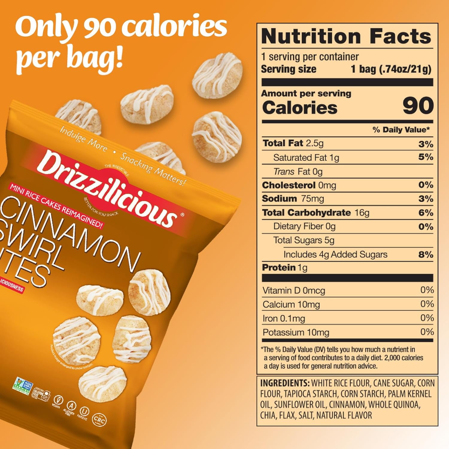 Drizzilicious Mini Rice Cakes, Cinnamon Swirl Flavored Rice Cake Gluten Free Snacks, Rice Crisps 10-Pack