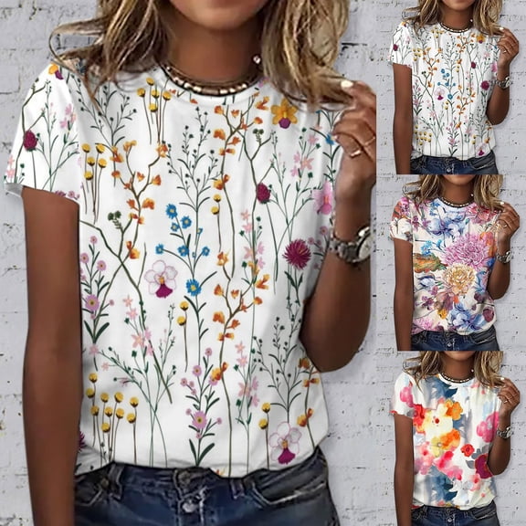 QHWAUAKFBN T Shirts For Women Trendy Summer Short Sleeve Crew Neck Flower Printed Shirts Tee Tshirts Top