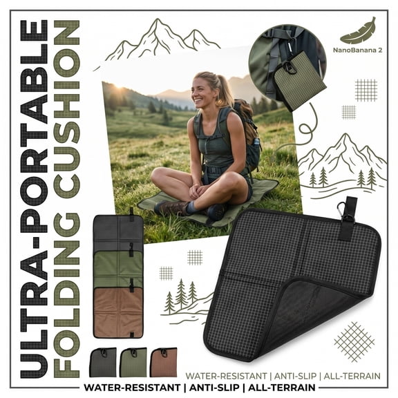 Portable Folding Seat Cushion, Lightweight Waterproof Foam Pad for Hiking, Camping, Backpacking, Stadium Seating, Compact Outdoor Sitting Mat with Carabiner, Black,14.1IN