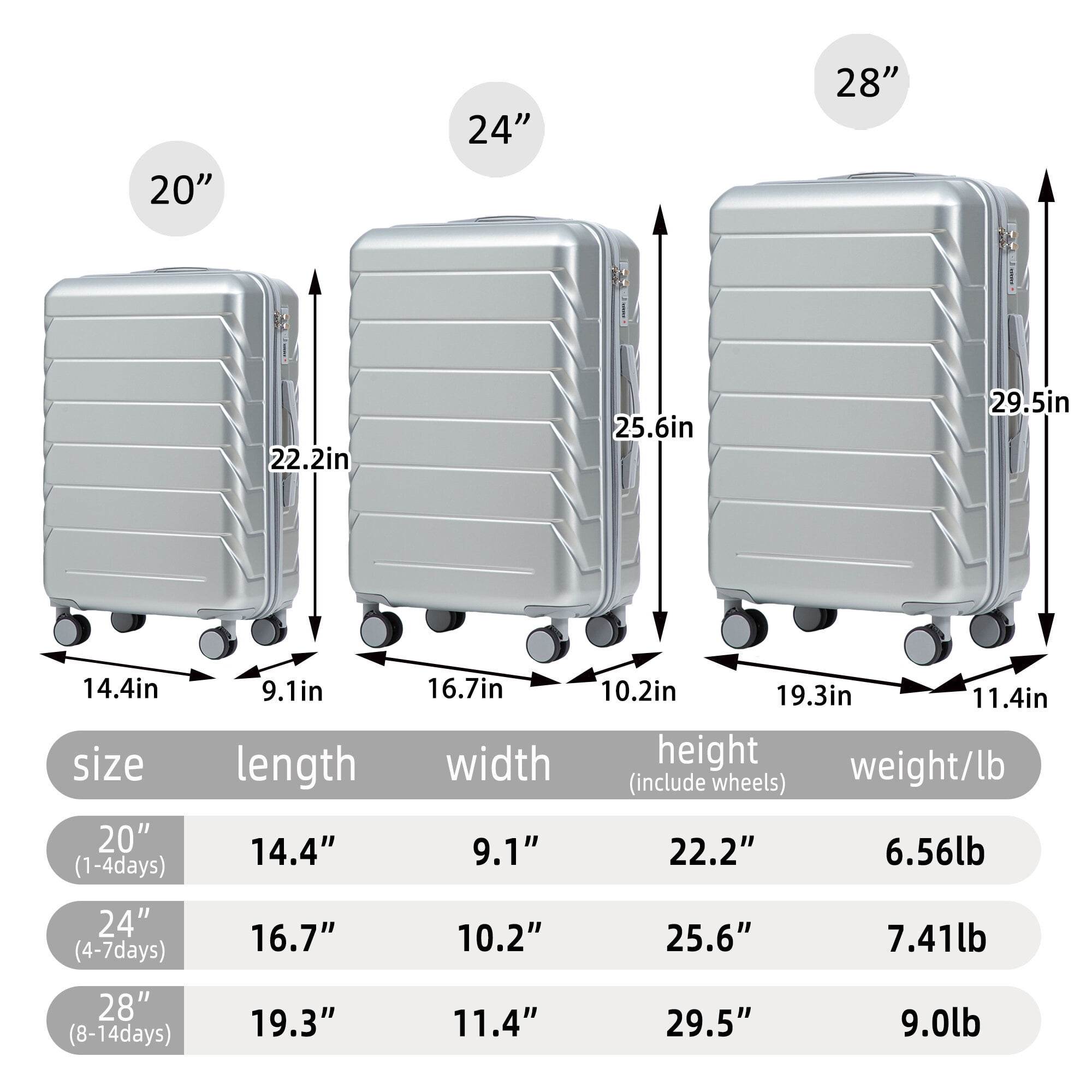 Hardside Suitcase, 20"/24"/28" 3 pcs/set in ABS Spinner Wheel Luggage, Matching Color , With Combination Lock (Silver), Silver Hardside Luggage,Abs Hardside Checked Luggage