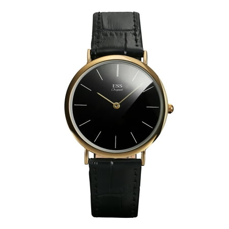 ESS Black Leather Quartz Wrist Watch Mens Minimal Simple Ultra Thin (Best Ultra Thin Watches Men)