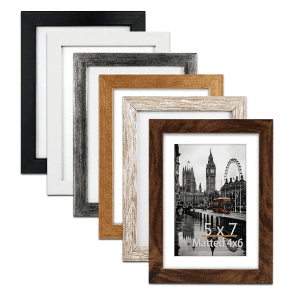 4x6 Picture Frames Set of 6, Distressed Wooden Design Display 4x6 Photos with Mats and 5x7 without Mat for Wall and Tabletop Decor in 6 Colors