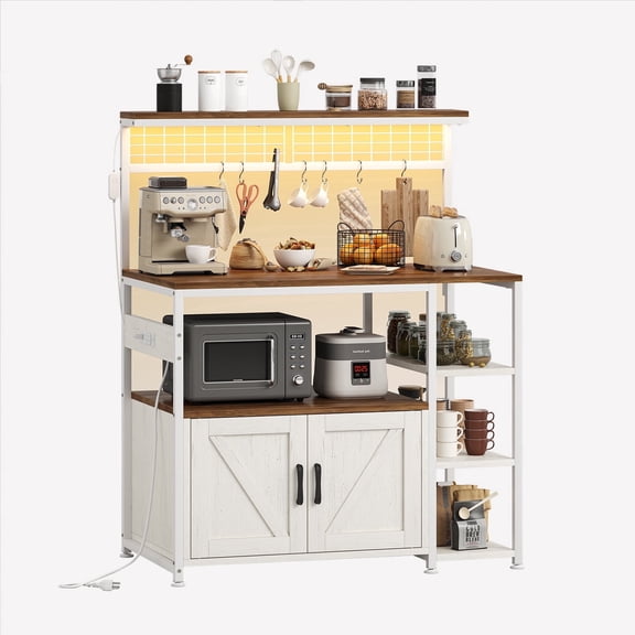Gacfiew Bakers Rack with Power Outlet and LED Light, Microwave Stand with Storage Cabinet, Coffee Bar Cabinet Station with 6 Hooks for Kitchen, Dining Room, Living Room, Coffee Bar, Walnut, White