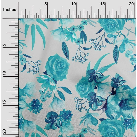 oneOone Cotton Poplin Twill Turquoise Blue Fabric Leaves & Rose Watercolor Dress Material Fabric Print Fabric By The Yard 56 Inch Wide