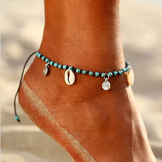 Fdesigner Boho Coquille Cheville Bracelet Tissé Turquoise Pied Chaîne de Plage Bijoux pour les Femmes et les Filles