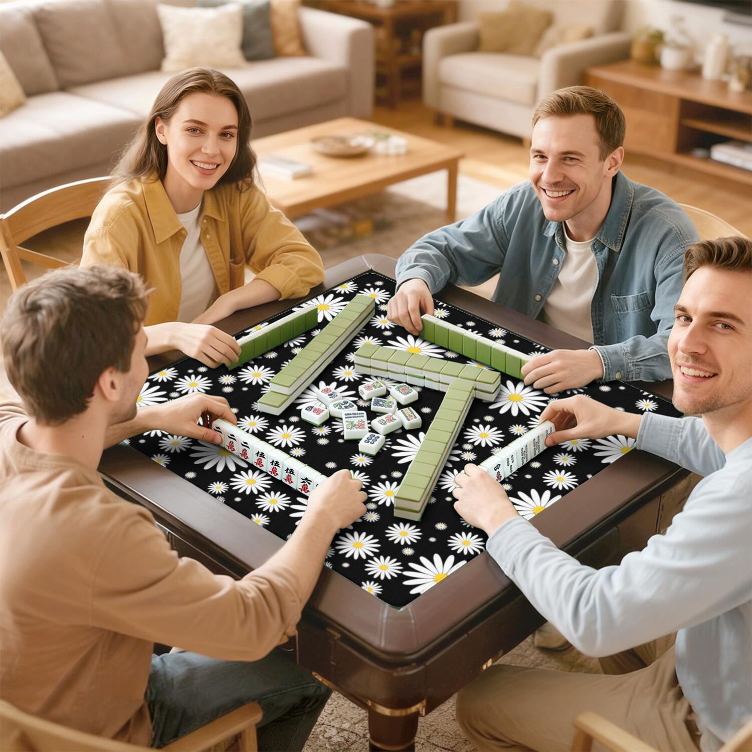 Floral Mahjong Table Surface Mat 31.5x31.5 Inches Rubber Construction Provides Secure Area for Tiles and Game Pieces