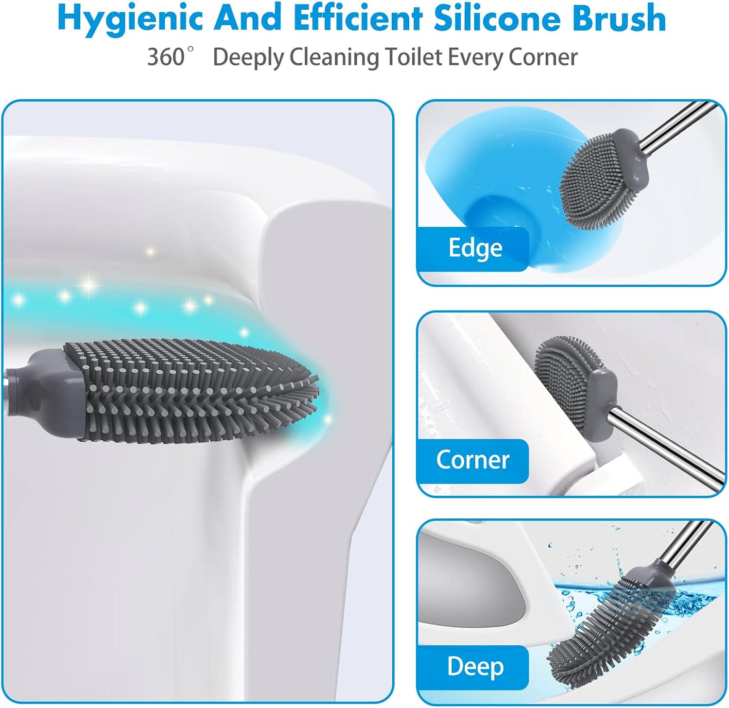 Toilet Brush, Silicone Brush and Holder Set, Flexible Brush Head with Ventilated Holder, Wall Mounted Compact Scrubber Set for Bathroom Cleaning
