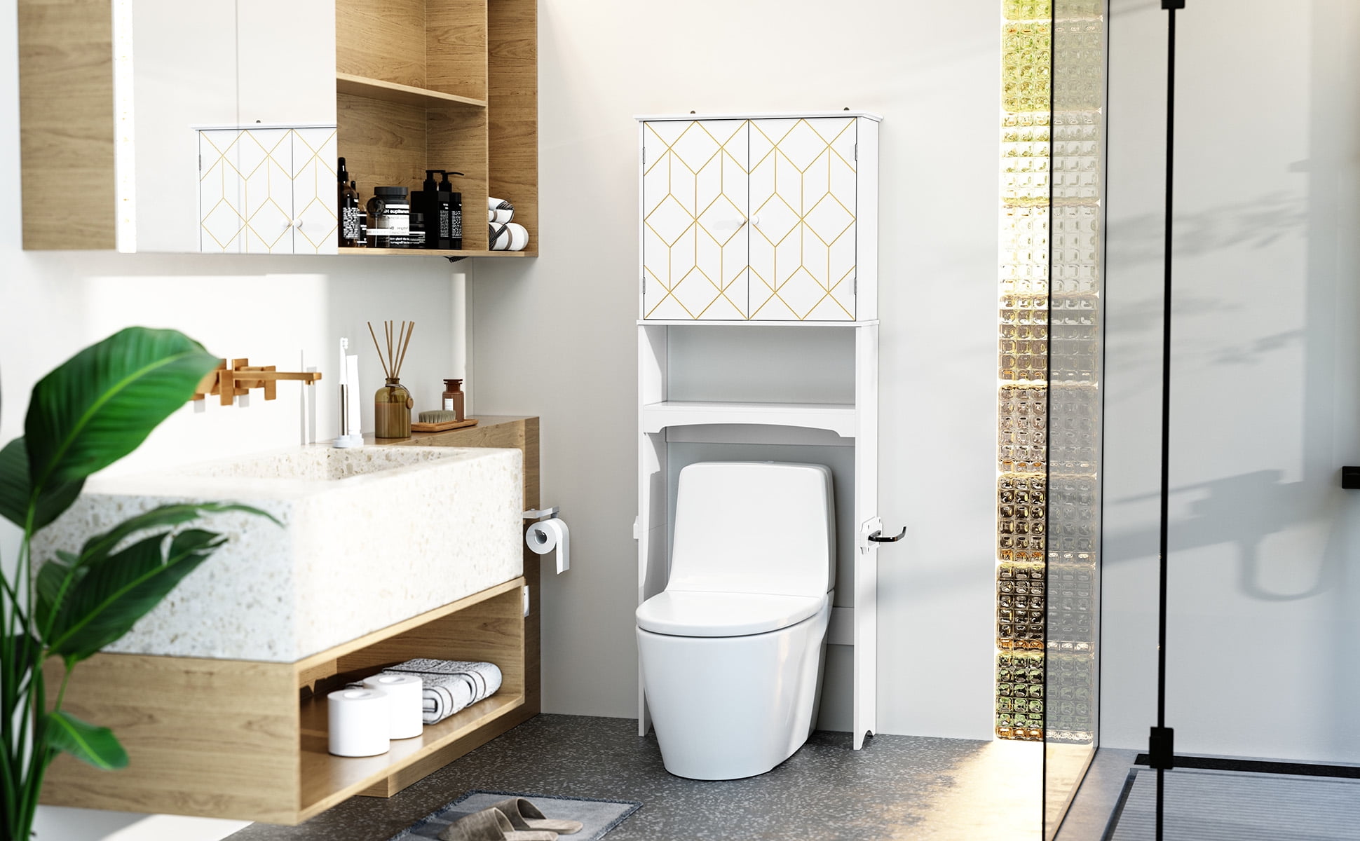 HLR Over The Toilet Storage Cabinet, Bathroom Above Toilet Storage Cabinet with Doors and Adjustable Shelves, White